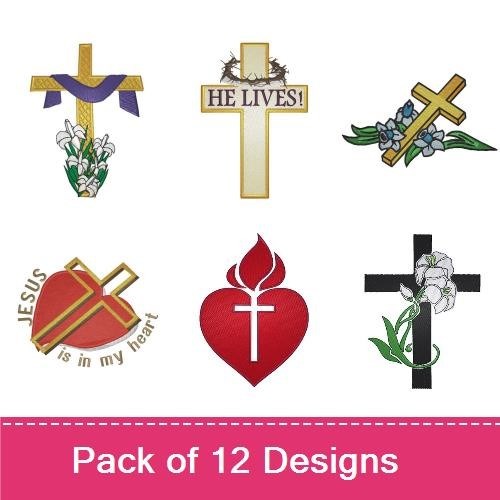 Faith-themed Crosses Embroidery Designs Bundle – Cross with Music Notes, Heart with Jesus, Floral Cross & More (12 Designs)