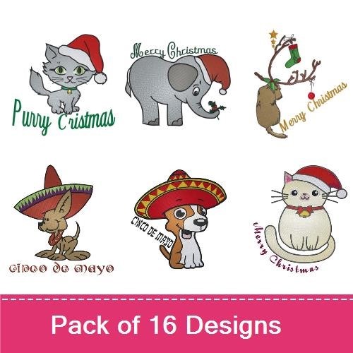 Cat & Dog Christmas Embroidery Bundle – Fun Holiday Designs (16 Designs)