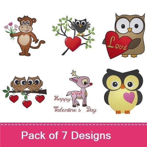Valentine's Day Animals Embroidery Bundle – Owl with Love Heart, Reindeer with Heart, Monkey with Flowers & More (7 Designs)