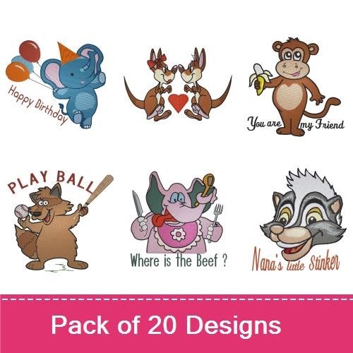 Cute Animal Embroidery Bundle – Pink Giraffe, Playful Elephant, Monkey with Text & More (19 Designs)