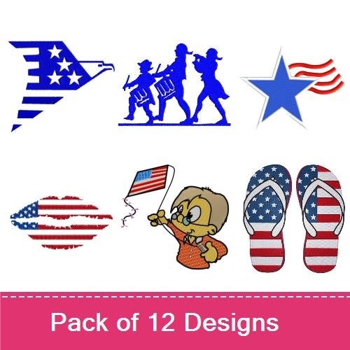 Patriotic Americana Embroidery Designs Bundle – Flip Flops with Flag, American Eagle, Uncle Sam Hat & More (12 Designs)