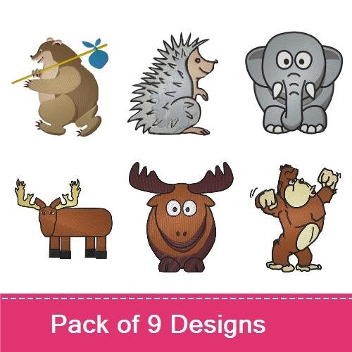 Cute Woodland Animals Embroidery Designs Bundle – Bear with Backpack, Hedgehog, Monkey & More (9 Designs)