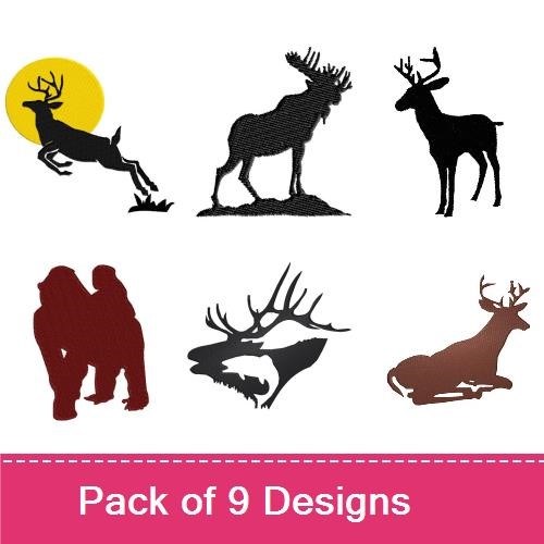 Wildlife Animal Silhouettes Embroidery Bundle – Wild Boar, Leaping Deer, Mountain Goat & More (9 Designs)