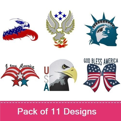 Patriotic Symbols Embroidery Designs Bundle – Eagle with American Flag, Liberty Statue, July 4th Firework & More (11 Designs)