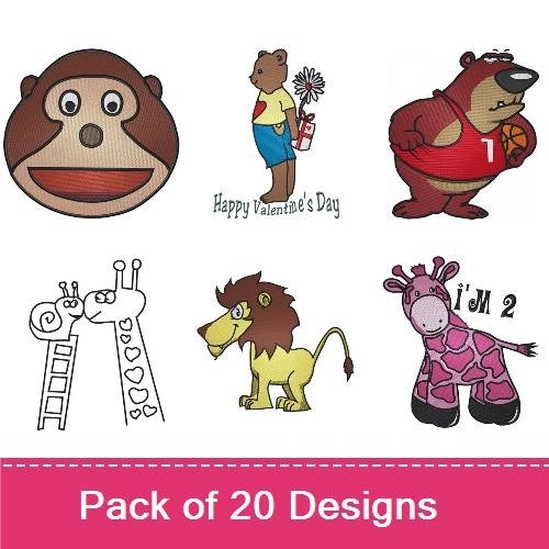 Cute Animal Friends Embroidery Designs Bundle – Deer Silhouette, Monkey Face, Bear with Basketball & More (17 Designs)