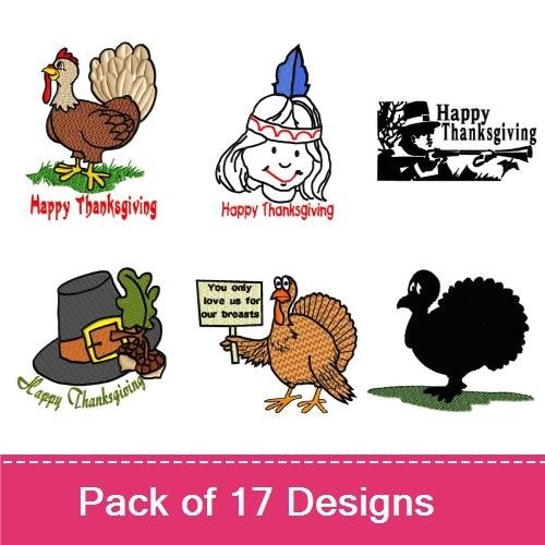 Thanksgiving Themed Embroidery Designs Bundle – Thanksgiving Pumpkin, Turkey, Native American Girl & More (15 Designs)