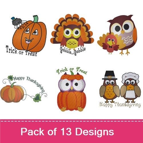 Halloween & Thanksgiving Embroidery Designs Bundle – Happy Pumpkin, Funny Turkey, Ghost with Pumpkin & More (12 Designs)