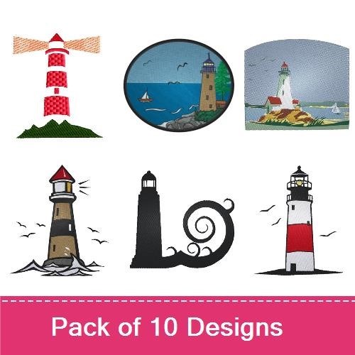 Lighthouse Embroidery Bundle – Red and White Lighthouse, Lighthouse with Light, Tall Lighthouse & More (9 Designs)