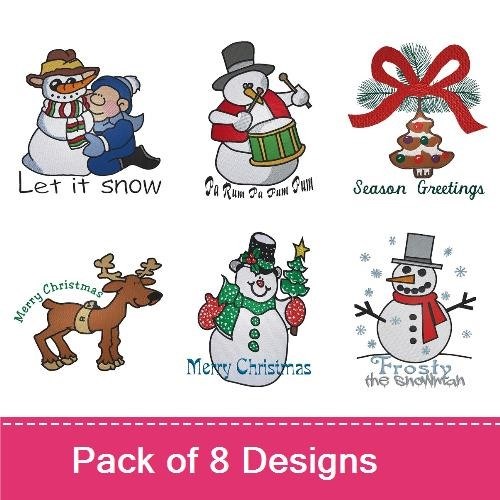 Snowman Christmas Embroidery Designs Bundle – Cheerful Snowman with Hat, Let It Snow & More (7 Designs)