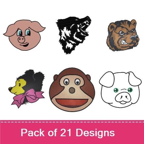 Wild Animal Faces Embroidery Designs Bundle – Reindeer, Ram, Pig & More (21 Designs)