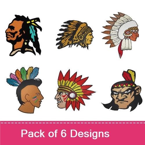 Native American Headdresses Embroidery Designs Bundle – Indian Chief, Colorful Feathered Headdress & More (6 Designs)