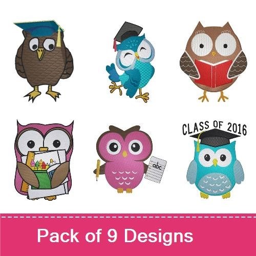 Applique School-themed Owls Embroidery Designs Bundle – Graduation Owl, Reading Owl, Class of 2016 Owl & More (8 Designs)
