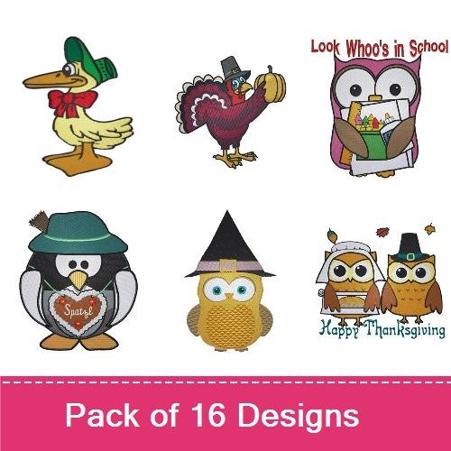 Festive Birds Embroidery Designs Bundle – Penguin with Santa Hat, Owl in Witch Hat, & More (15 Designs)