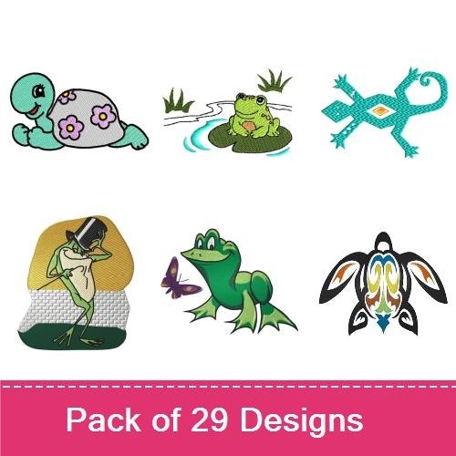 Frogs & Turtles Embroidery Designs Bundle – Colorful Turtle, Frog with Basketball, Frog Reading Book & More (29 Designs)