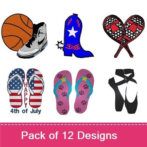 Basketball, Cowboy Boot & Flip Flops Embroidery Bundle – Sports & Holiday Themes (12 Designs)