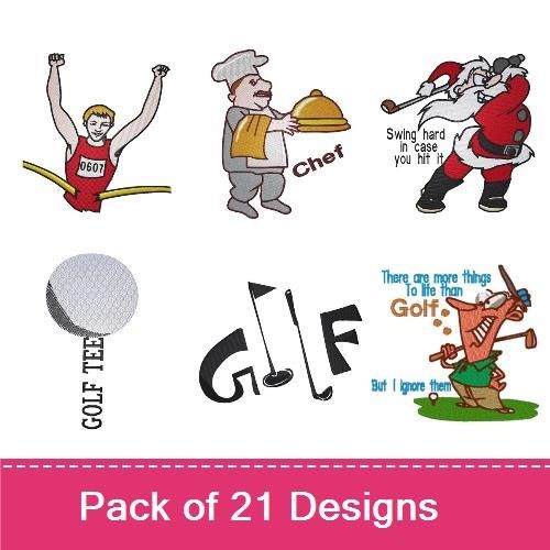 Sports and Lifestyle Embroidery Bundle – Viking Mascot, Golf Hole in One, Chef Character & More (21 Designs)
