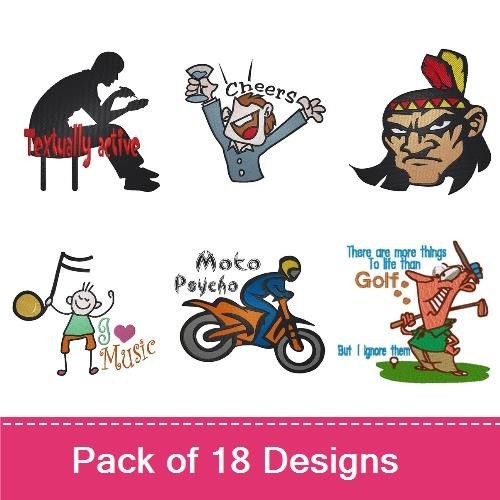 Character Silhouettes & Sports Embroidery Designs Bundle – Golf Humor, Barbecue Chef, Hiking, Sunglasses & More (10 Designs)
