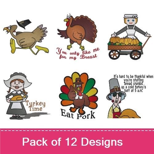 Thanksgiving Turkey & Pilgrims Embroidery Designs Bundle – Cheerful Turkey, Happy Thanksgiving, Pilgrim Woman with Rolling Pin & More (11 Designs)