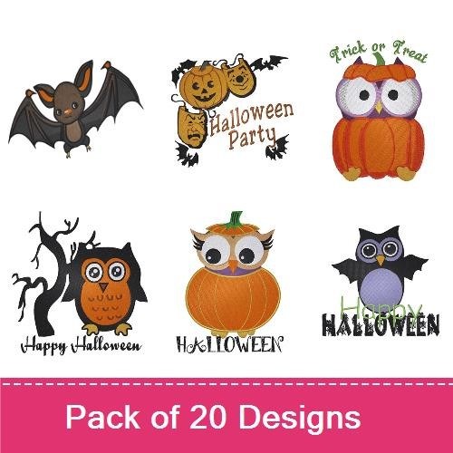 Halloween Owl & Bat Embroidery Bundle – Owl with Tree, Bat Silhouette, Happy Halloween Text & More (19 Designs)