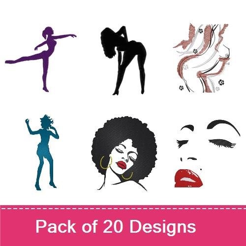 Elegant Women Silhouettes Embroidery Designs Bundle – Woman with Afro Hairstyle, Dancer Silhouette & More (20 Designs)