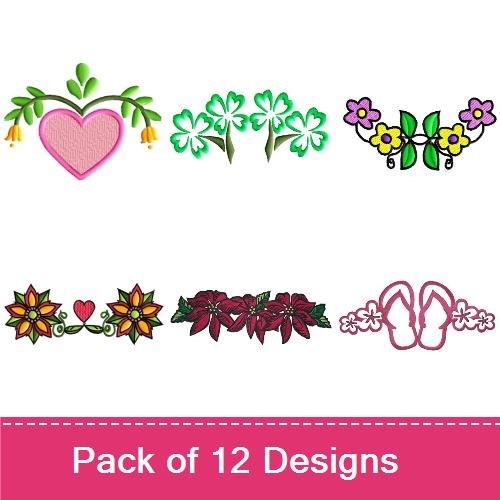 Floral & Heart Embroidery Designs Bundle – Poinsettia Border, Floral Bouquet, Heart with Flowers & More (12 Designs)