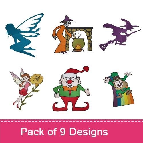 Fairy & Witch Characters Embroidery Designs Bundle – Witch with Broom, Fairy Silhouette, Christmas Elf & More (9 Designs)