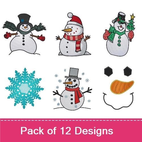 Snowman & Holiday Icons Embroidery Designs Bundle – Snowman Face, Candy Cane, Holiday Snowflake & More (12 Designs)