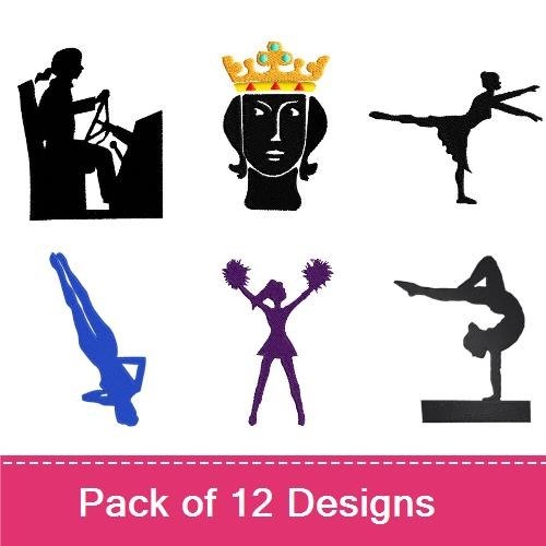 Sports and Celebration Silhouettes Embroidery Designs Bundle – Cheerleader, Musician, Graduate & More (12 Designs)