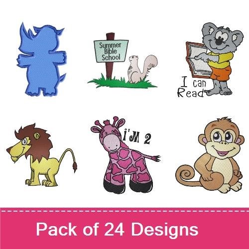 Cute Animal Characters Embroidery Bundle – Monkey, Shark, Antelope, & More (20 Designs)