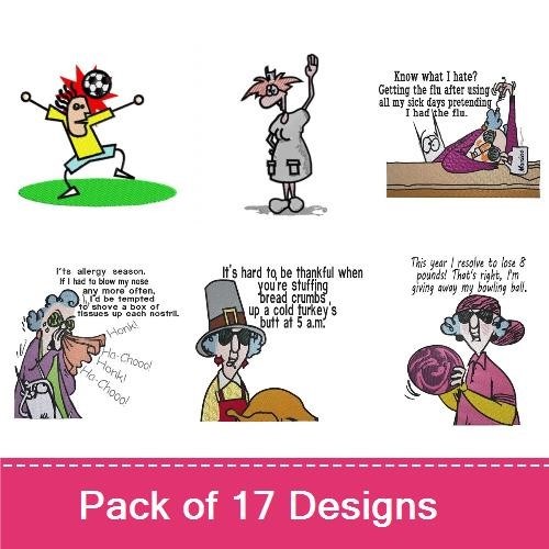 Funny Cartoon Characters Embroidery Designs Bundle – Bowling Lady, Exercise Kid, Relaxing Man & More (15 Designs)