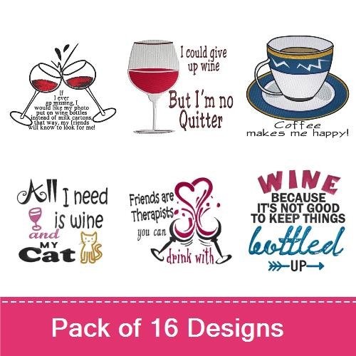 Coffee & Wine Embroidery Designs Bundle – Coffee Cup, Wine Glasses, Funny Quotes & More (16 Designs)