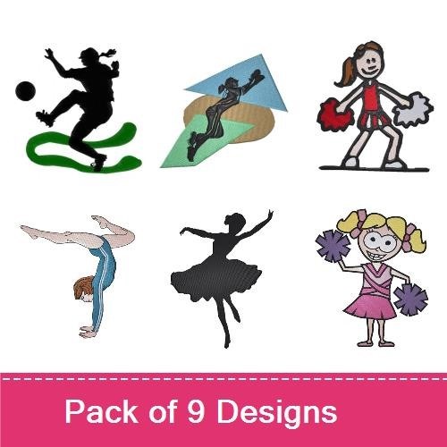 Children's Sports & Dance Embroidery Designs Bundle – Cheerleader, Gymnast, Ballet Dancer, Soccer Player & More (9 Designs)