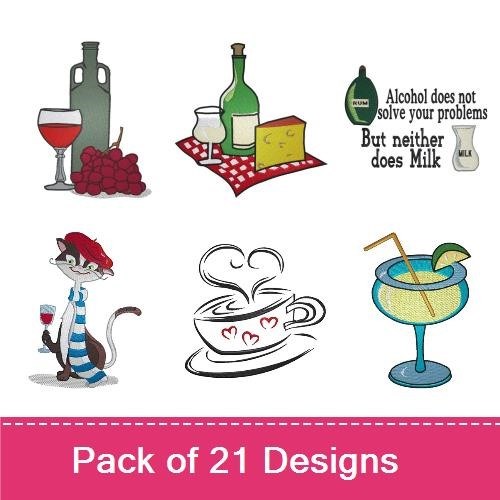 Party and Drinks Embroidery Designs Bundle – I just want to DRINK WINE & pet my DOG, Wine Bottle with Grapes, Wine Glass & More (21 Designs)