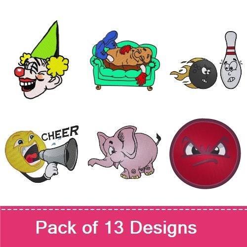 Fun Cartoon Characters Embroidery Designs Bundle – Smiling Boy, Clown Face, Businessman & More (13 Designs)