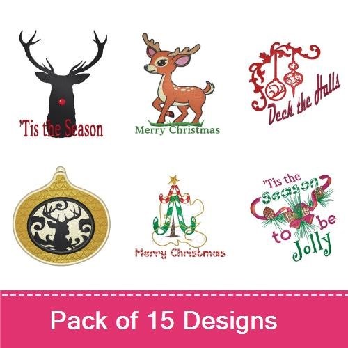 Christmas Character Embroidery Designs Bundle – Reindeer with Holly, Santa on Sleigh, Teddy Bear with Globe & More (15 Designs)