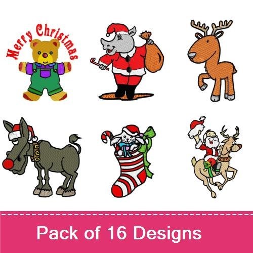 Festive Holiday Animals Embroidery Bundle – Reindeer with Holly, Santa Carrying Sack, Pig with Santa Hat & More (15 Designs)