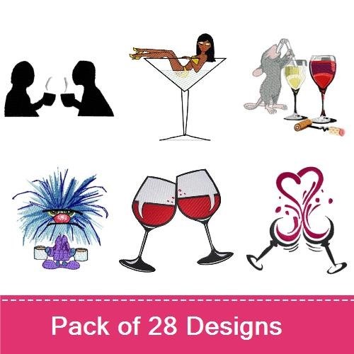 Drinks and Characters Embroidery Designs Bundle – Beer Mug, Wine Glass, Cocktail Glass & More (28 Designs)