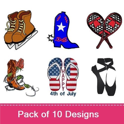 Stylish Footwear Embroidery Designs Bundle – Ballet Slippers, Hiking Boots, Ice Skates & More (10 Designs)