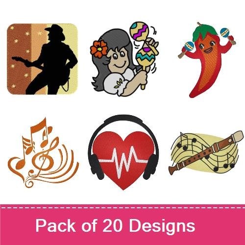 Music and Animal Embroidery Designs Bundle – Kangaroo Playing Violin, Cat Playing Guitar, Dog with Musical Notes & More (18 Designs)
