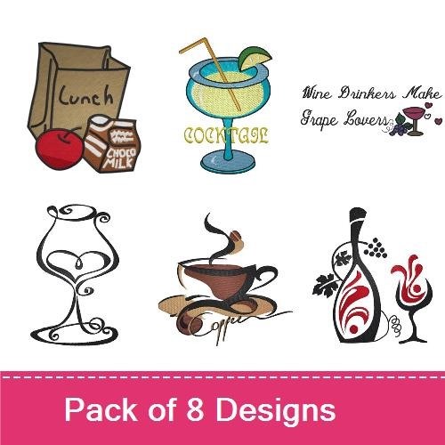 Wine and Beverage Embroidery Designs Bundle – Wine Bottle with Grapes, Wine Glass with Swirls, & More (8 Designs)
