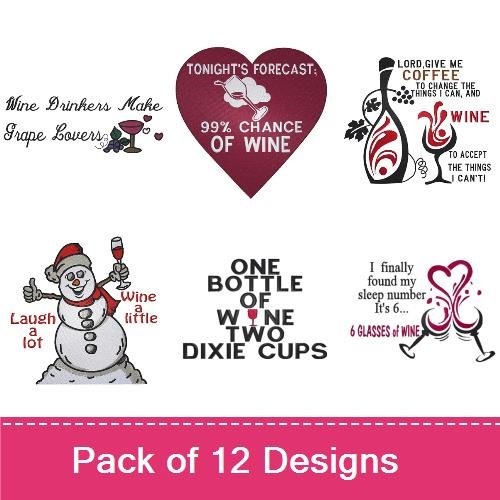 Wine Quotes Embroidery Designs Bundle – Coffee and Wine Quote, Tonight's Forecast Wine Quote, & More (12 Designs)