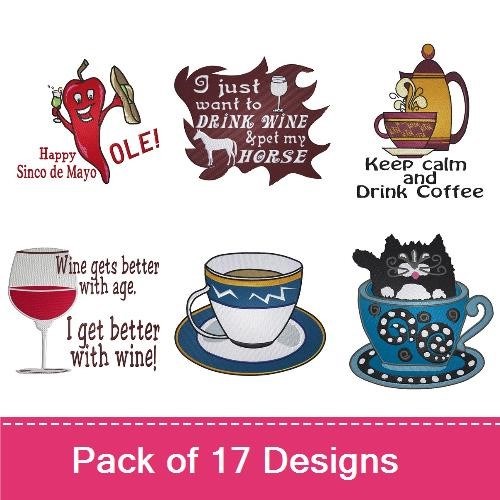 Festive Celebration Embroidery Designs Bundle – Cheers Guy, Happy New Year Cocktails, Party Hat Character & More (17 Designs)