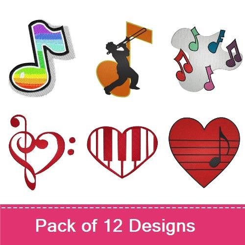 Musical Themes Embroidery Designs Bundle – Treble Clef with Heart, Bass Player Silhouette, Trumpet Player Silhouette & More (12 Designs)