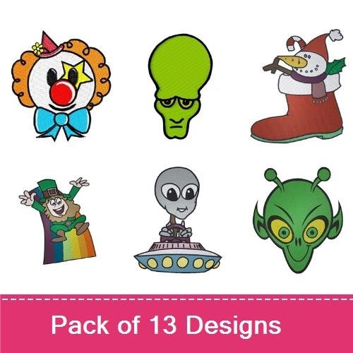 Funny Characters Embroidery Designs Bundle – Clown, Alien, Santa in Boot, Vampire & More (12 Designs)