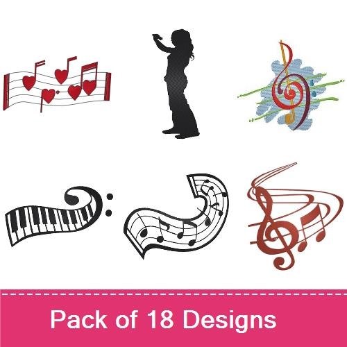 Music and Instruments Embroidery Designs Bundle – Musical Notes, Monkey Playing Trumpet, Saxophonist & More (18 Designs)