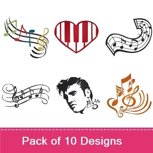 Music & Jazz Embroidery Designs Bundle – Musical Note Swirl, Heart with Piano Keys, Jazz Singer Silhouette & More (10 Designs)