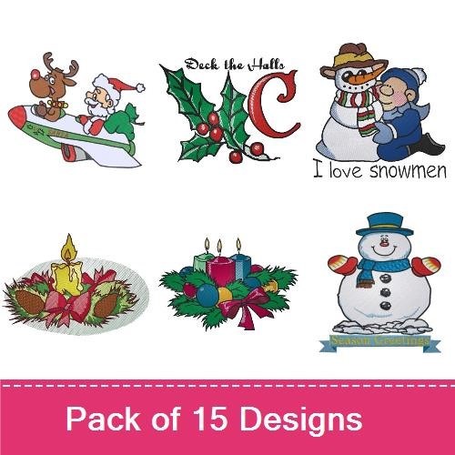 Holiday Characters Embroidery Designs Bundle – Snowman, Dog with Hat, Alligator in Hat & More (15 Designs)