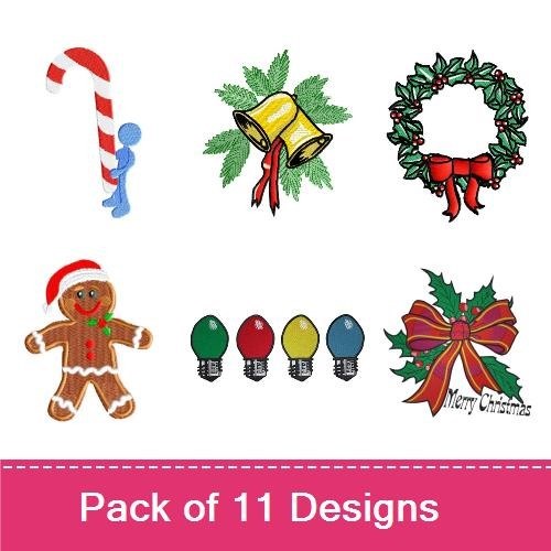 Classic Christmas Embroidery Designs Bundle – Christmas Bow, Candy Cane, Holly with Bow & More (11 Designs)