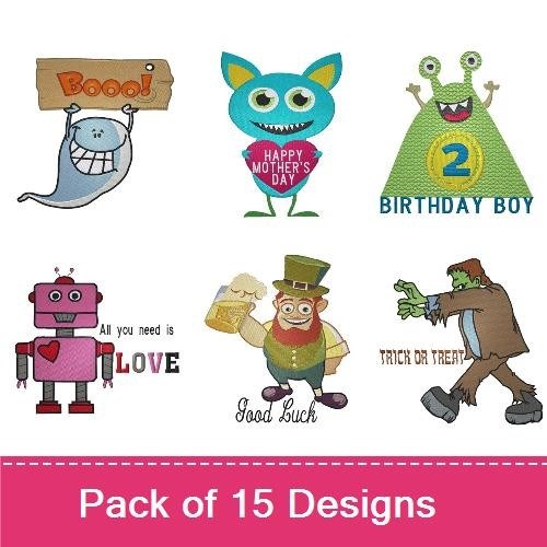 Cute Holiday and Celebration Embroidery Designs Bundle – Superhero Panda, Clown Bear, Birthday Boy & More (10 Designs)