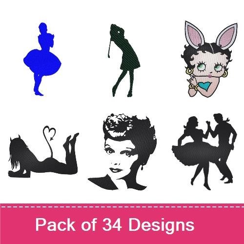 Silhouette & Retro Embroidery Bundle – Dancer, Bunny & More (34 Designs)